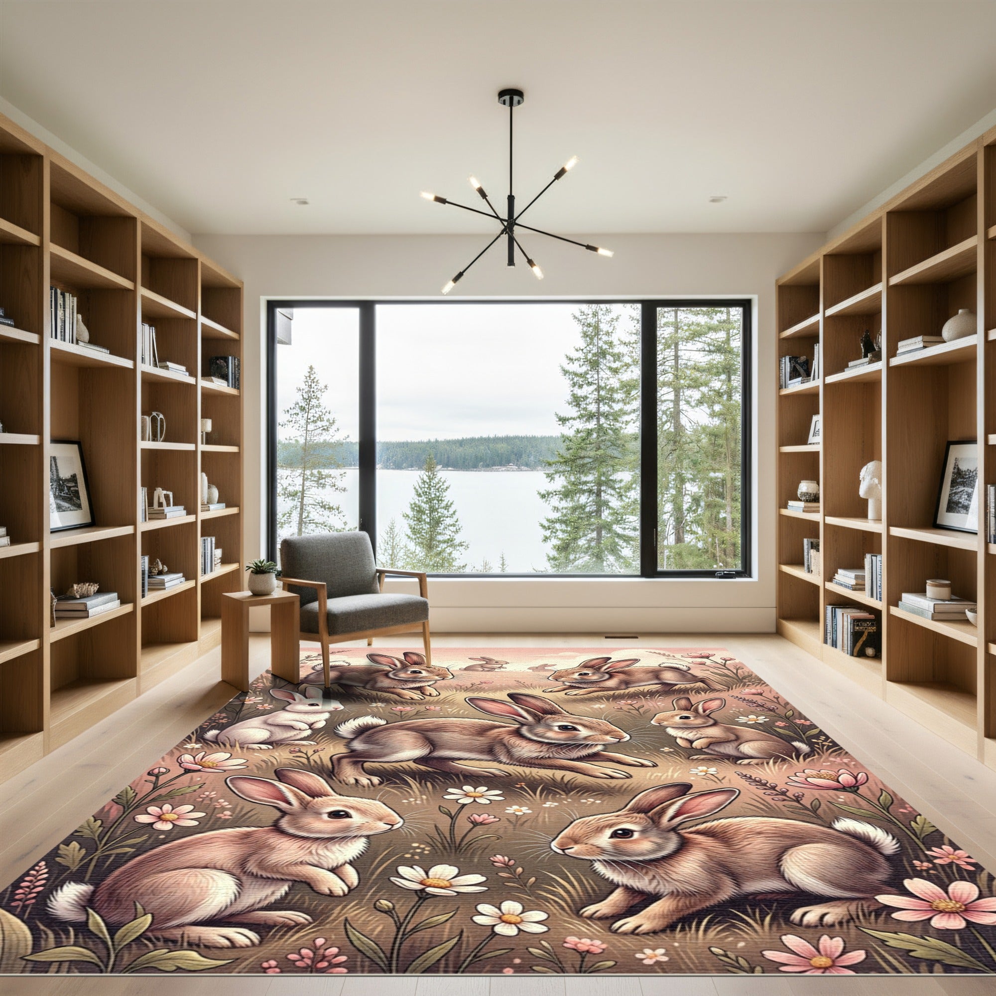 Whimsical Pastel Meadow Bunny Rabbit Scene Rug