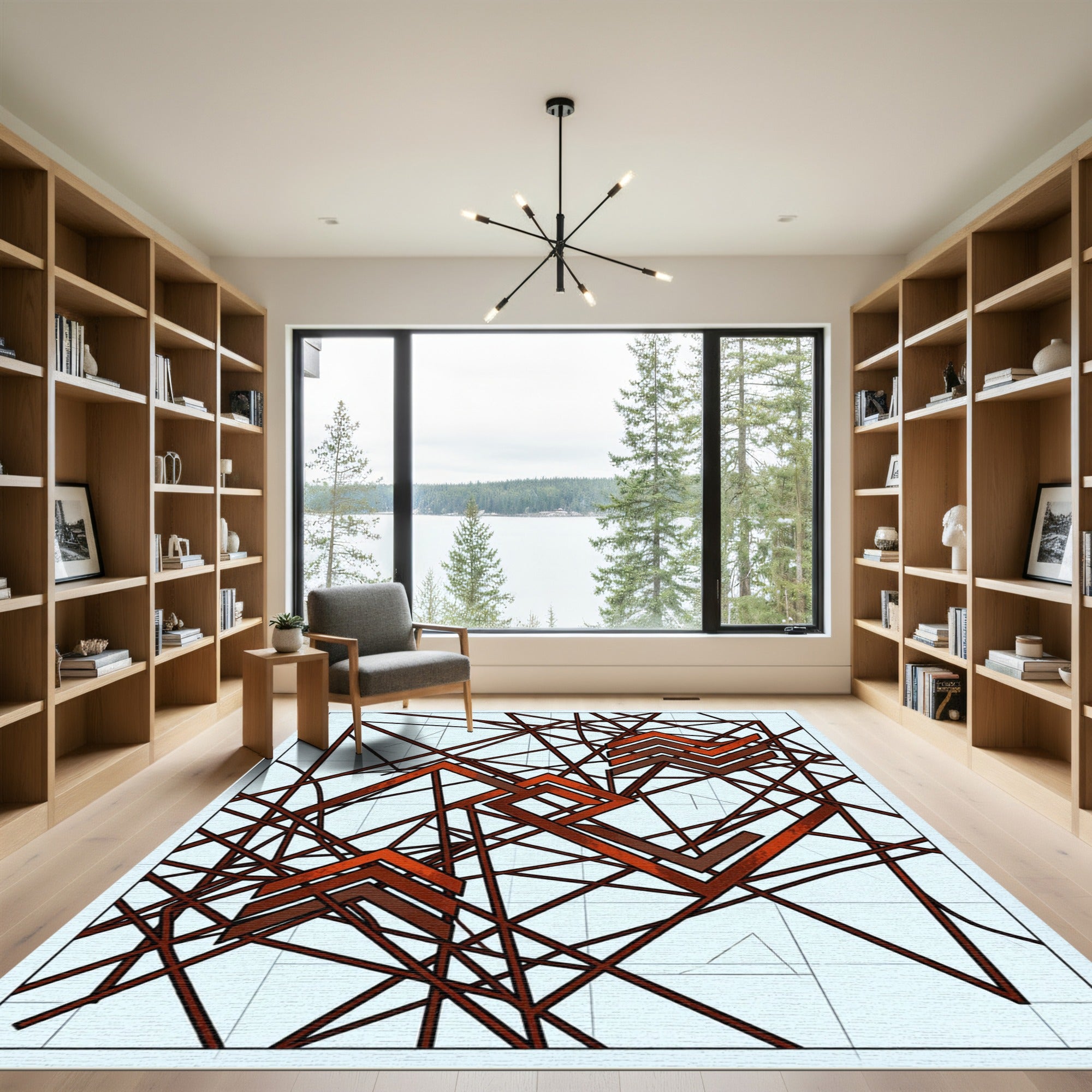 Geometric Rust Red Intersecting Linear Rug