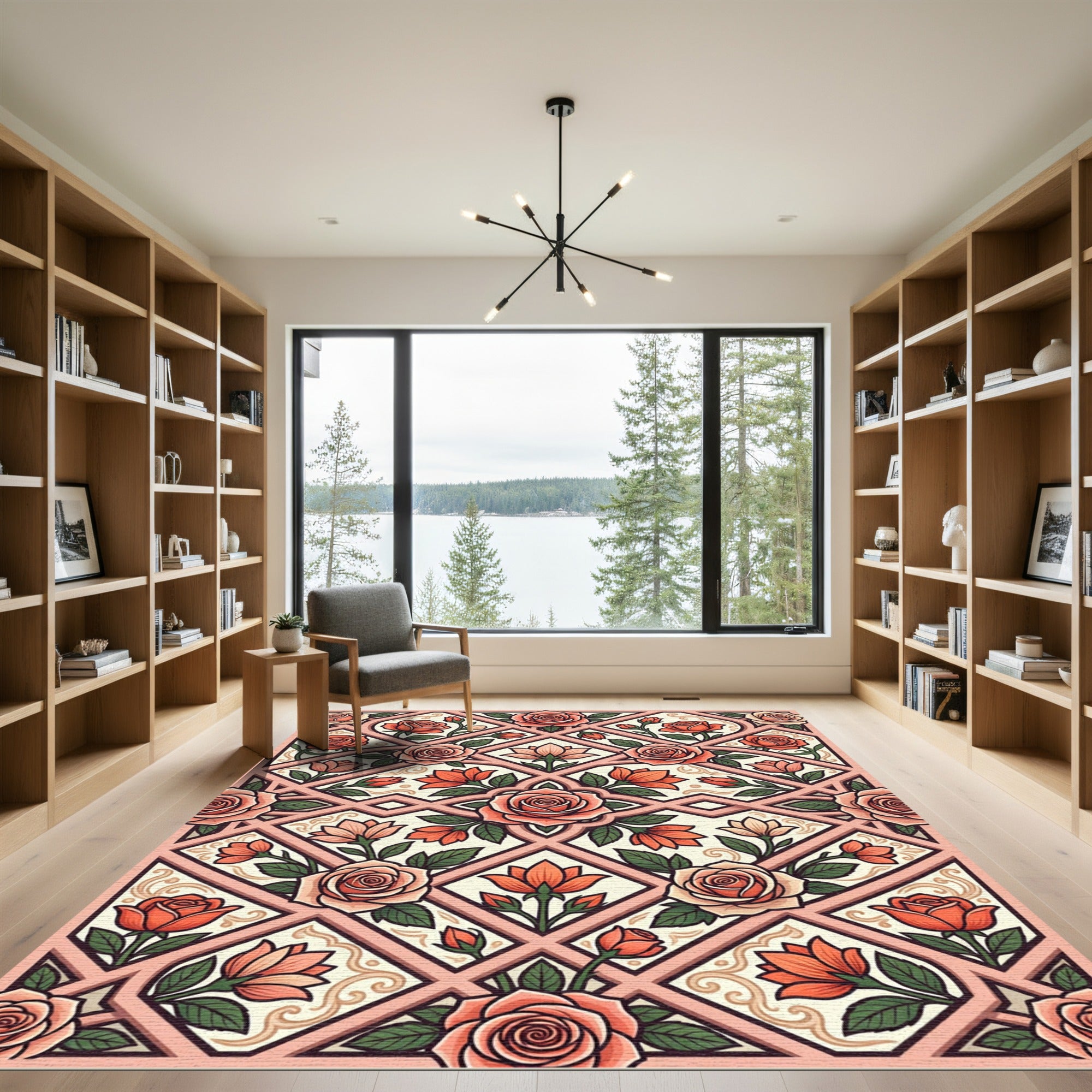 Coral Roses Lattice Ornamental Rug