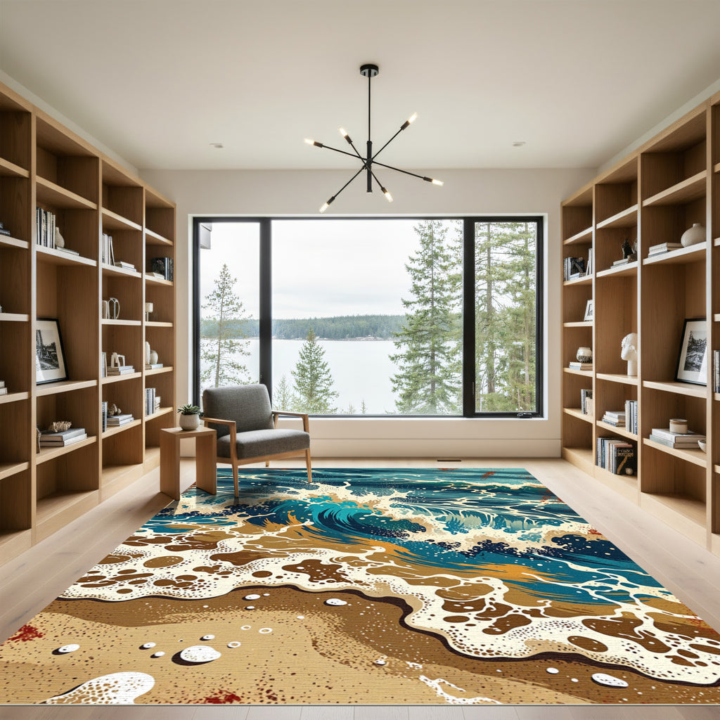 Turquoise And Gold Ocean Wave Rug