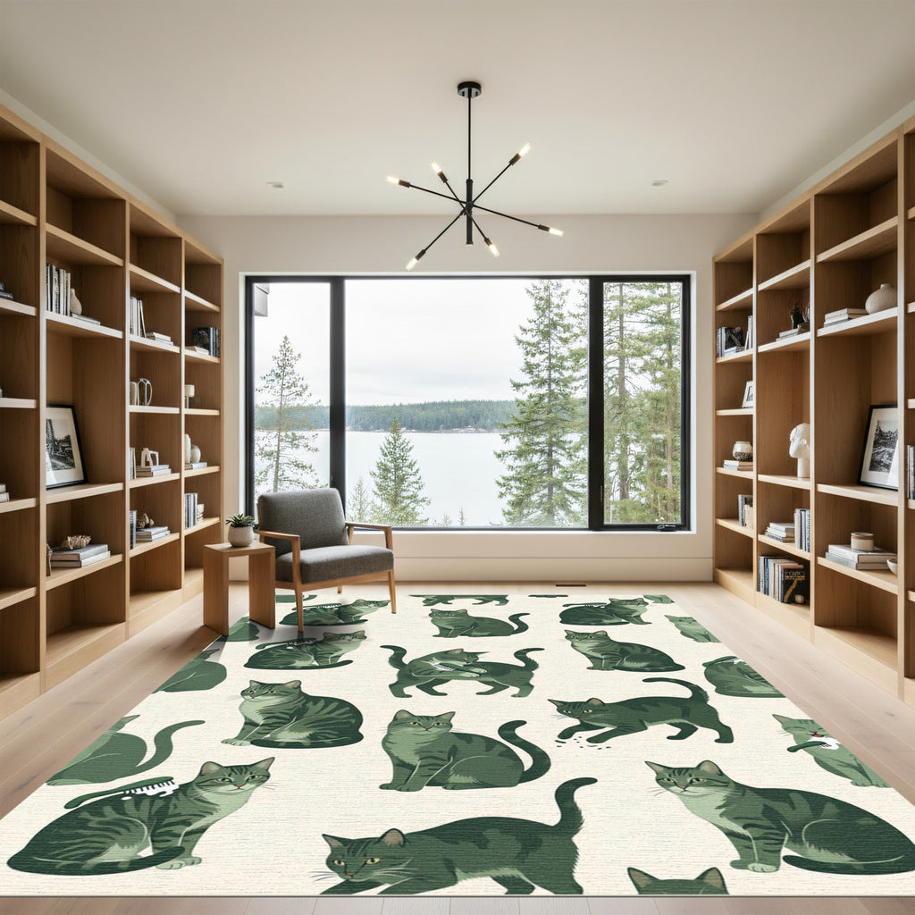 Whimsical Olive Tabby Cat Illustration Rug