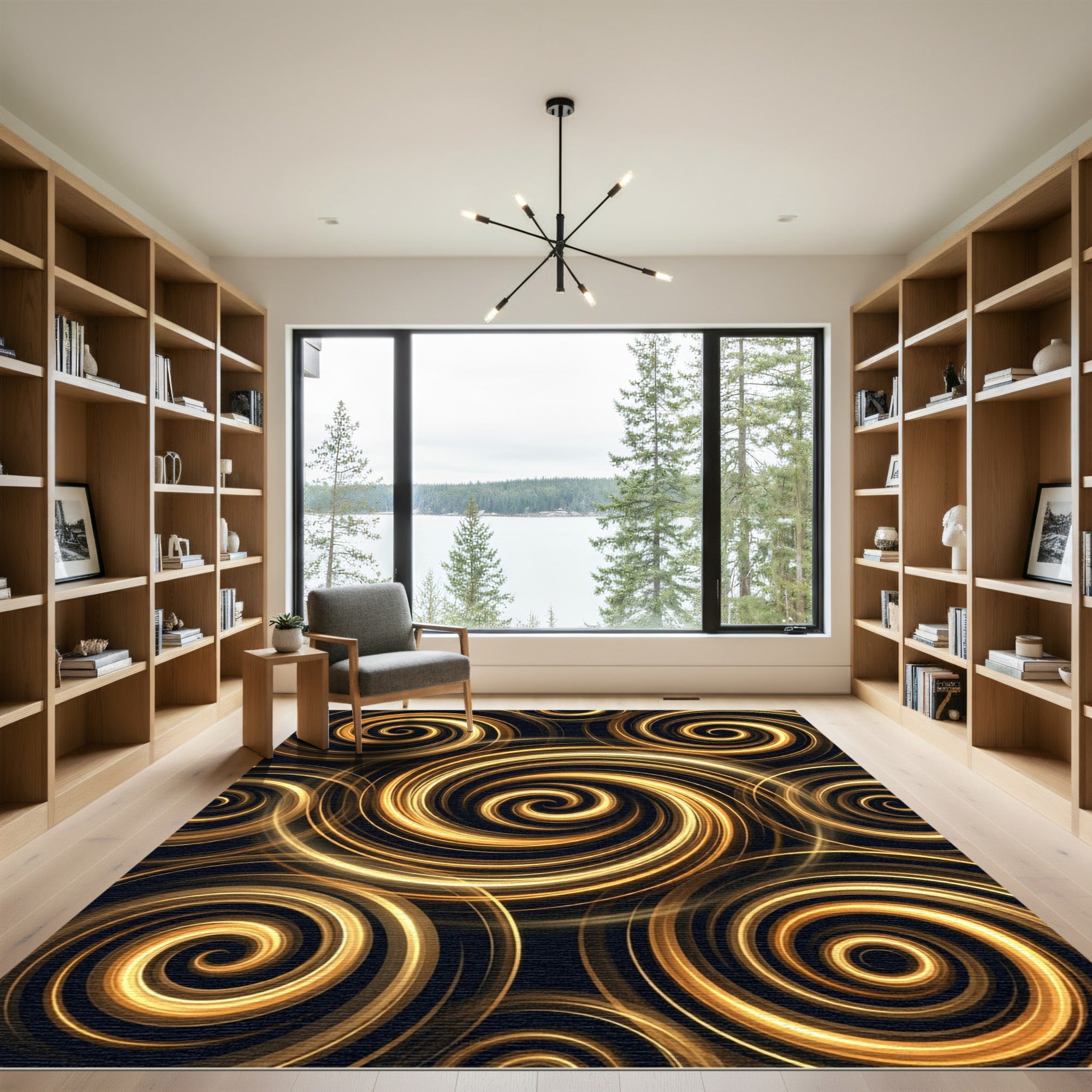 Luminous Gold Abstract Swirling Vortex Rug