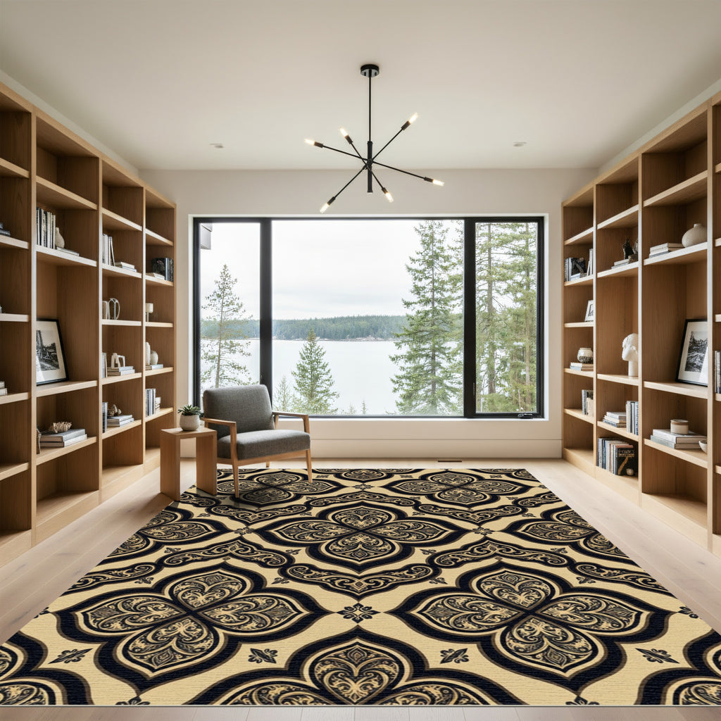 Elegant Gold Black Quatrefoil Damask Rug