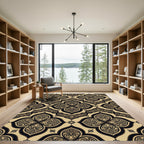 Elegant Gold Black Quatrefoil Damask Rug