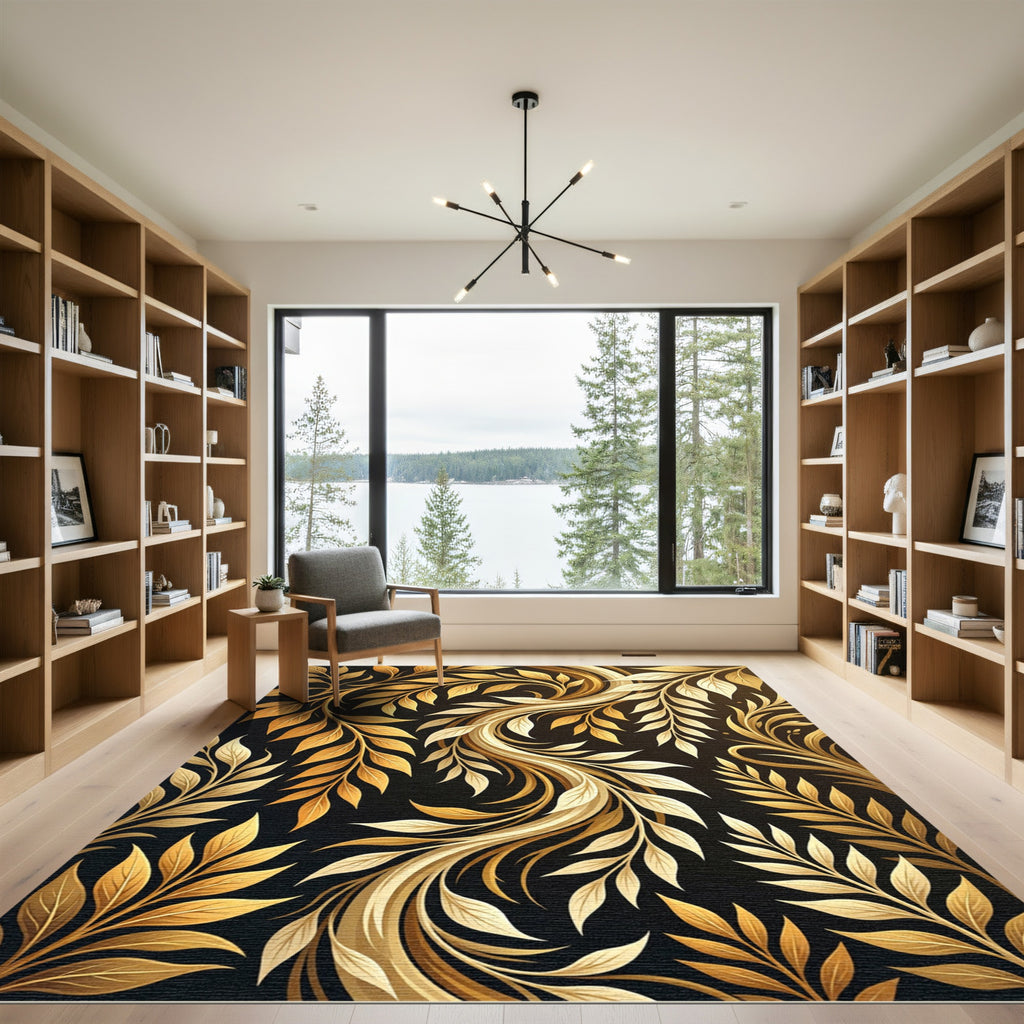 Elegant Golden Foliated Swirl Art Rug