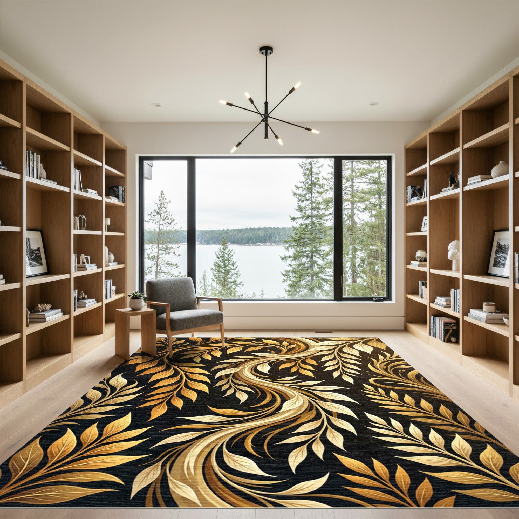 Elegant Golden Foliated Swirl Art Rug