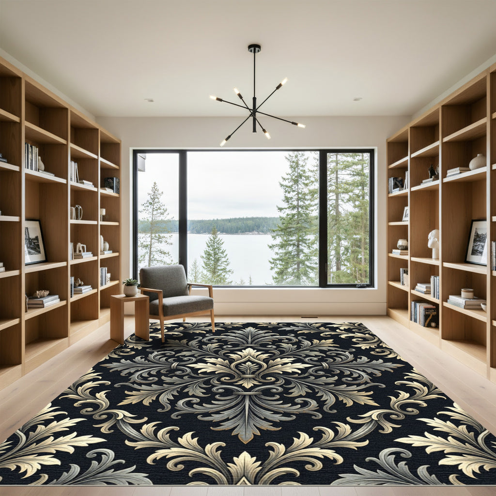 Elegant Charcoal Silver Damask Scroll Rug