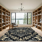 Elegant Charcoal Silver Damask Scroll Rug