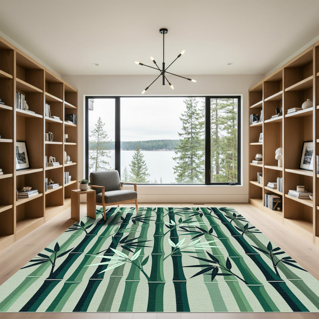 Emerald Green Bamboo Forest Branches Rug