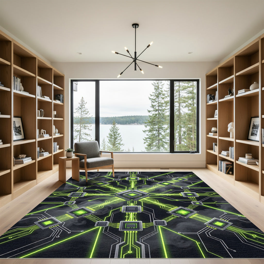 Neon Green Cybernetic Circuit Grid Rug