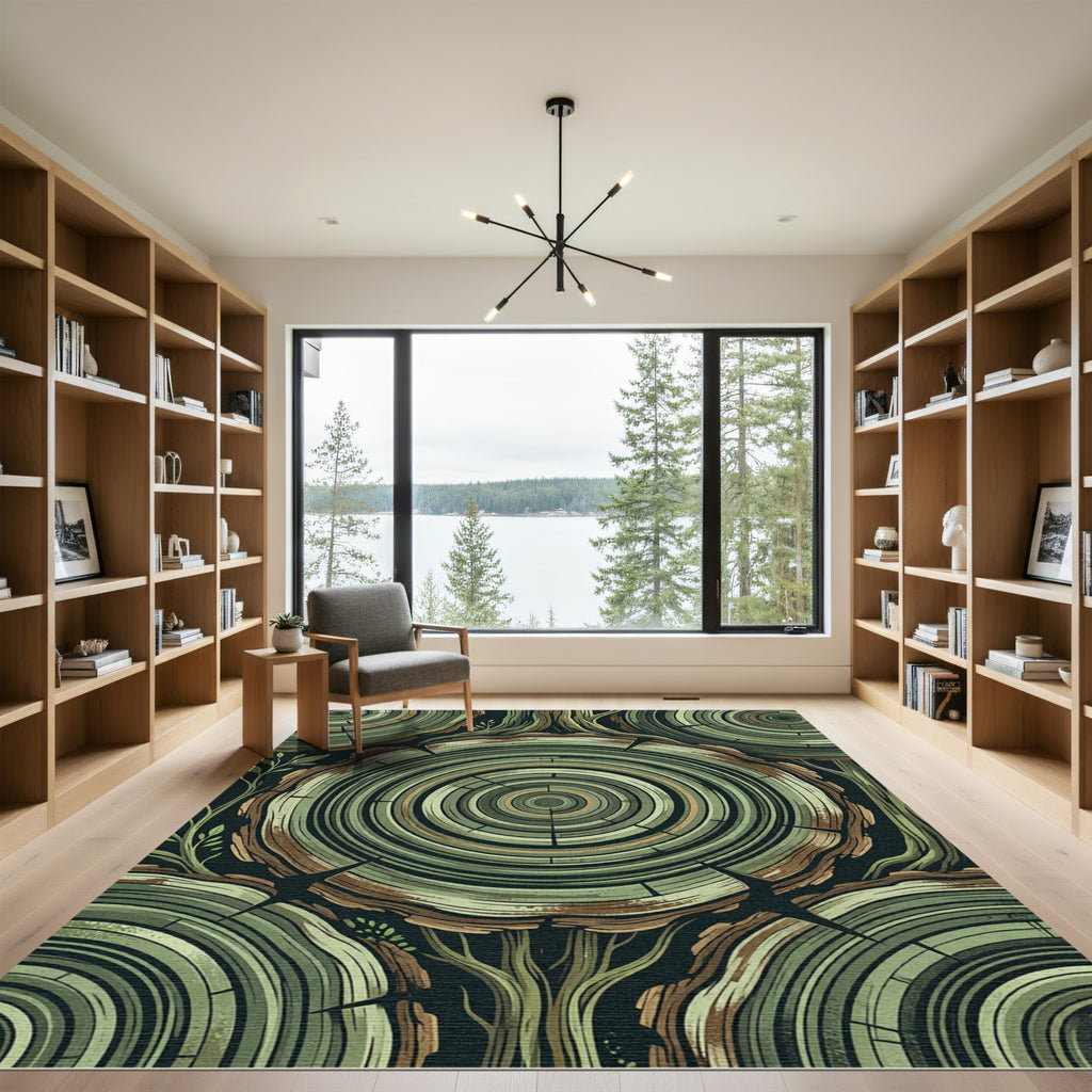 Abstract Green Tree Ring Concentric Rug