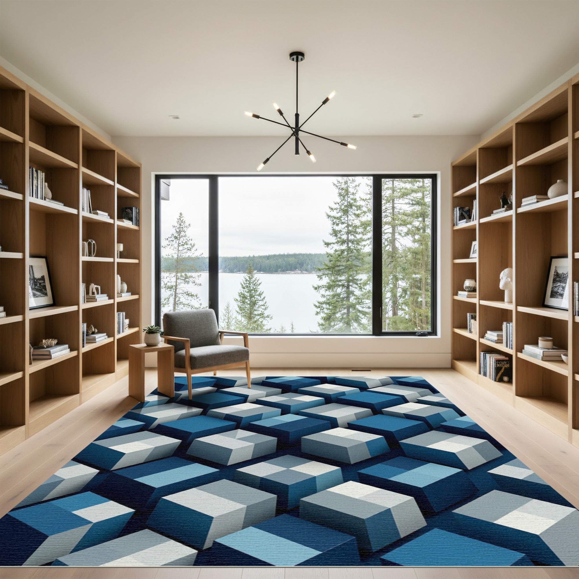 Geometric Navy and Slate Blue Cubes Rug