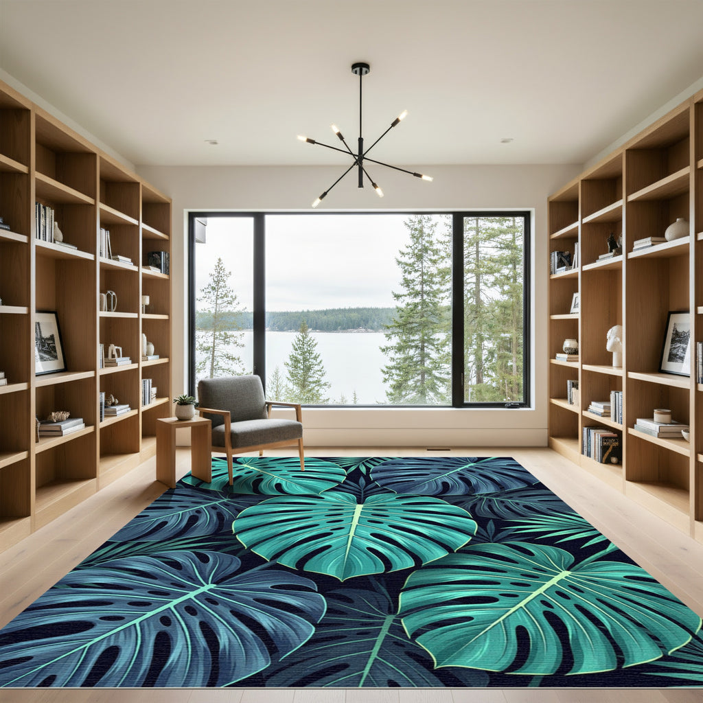 Lush Teal Tropical Monstera Foliage Rug