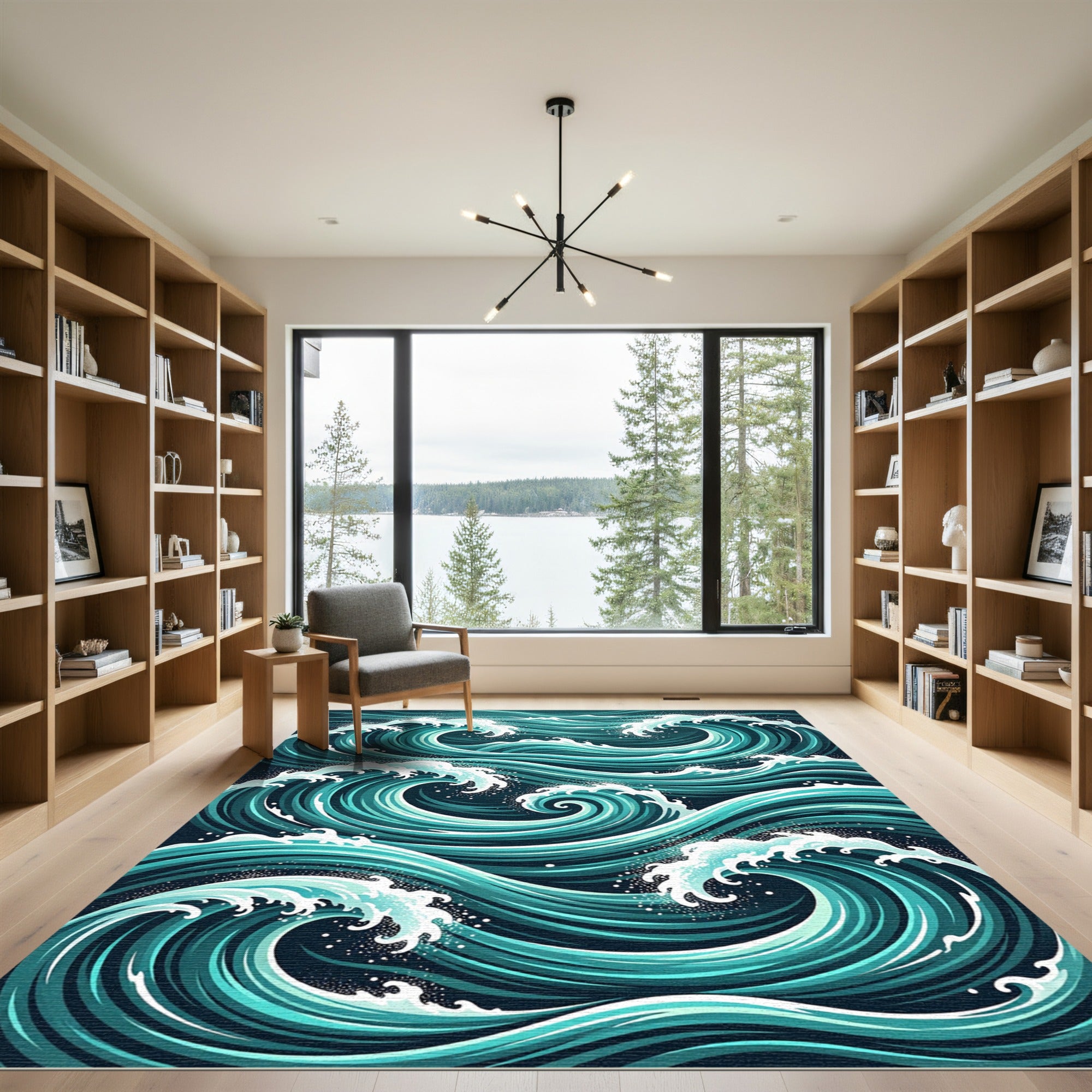 Dynamic Ocean Swell Teal Wave Art Rug