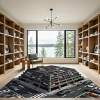 Isometric Garage Cars Black Gold Rug