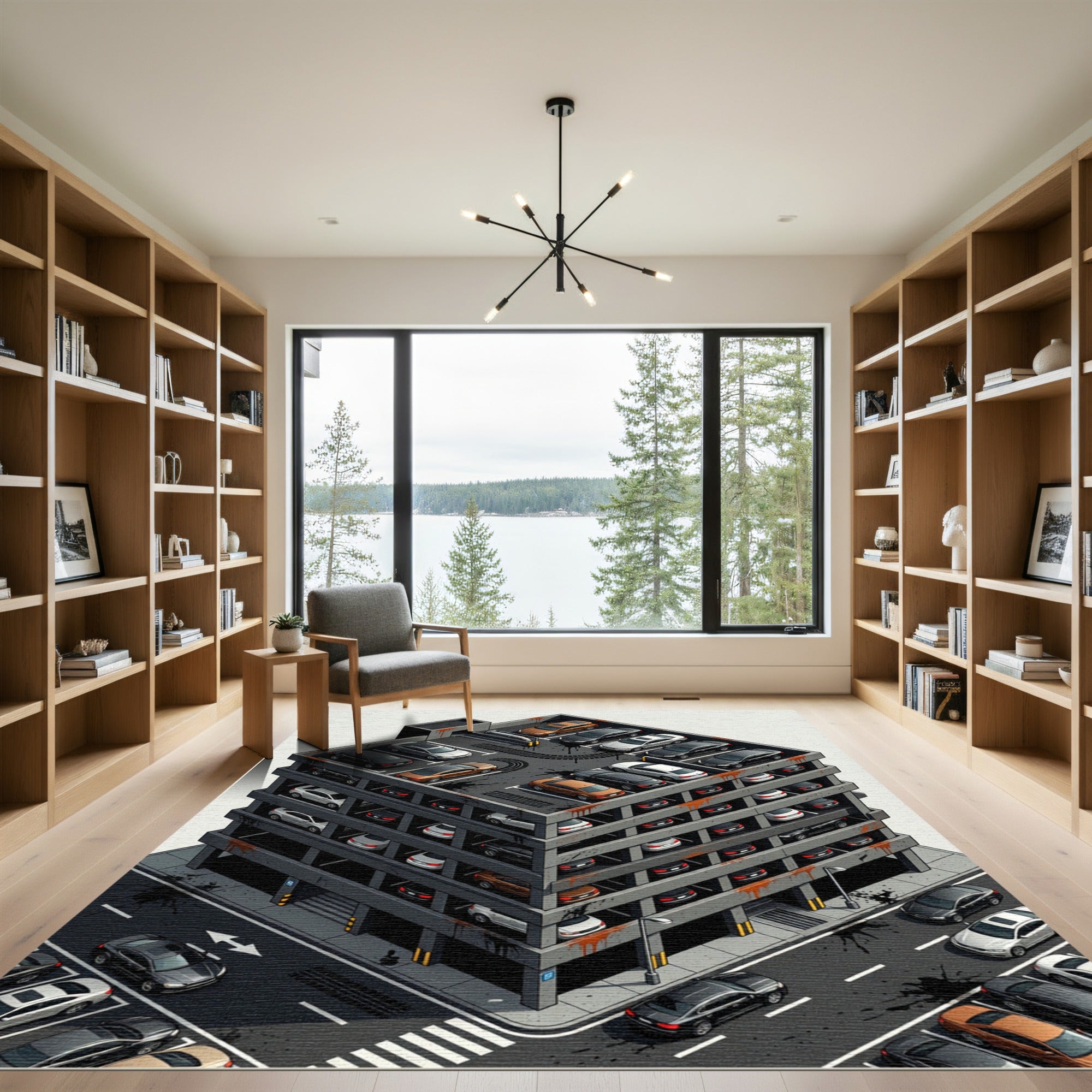 Isometric Garage Cars Black Gold Rug