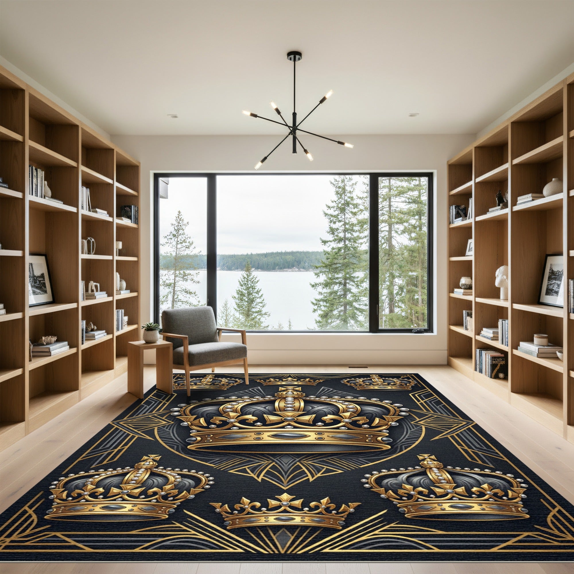 Regal Gold Crown Black Art Deco Rug