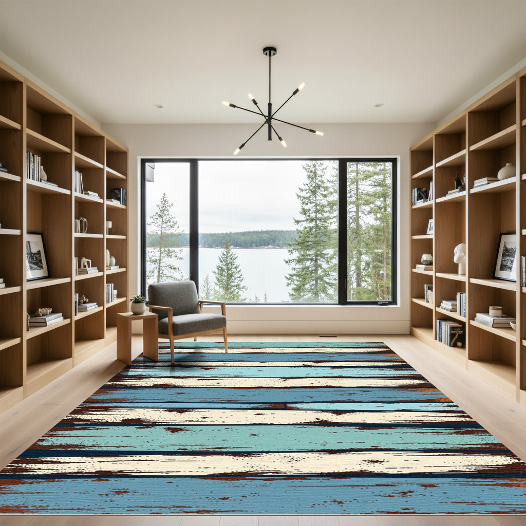 Distressed Blue and Cream Plank Stripe Rug