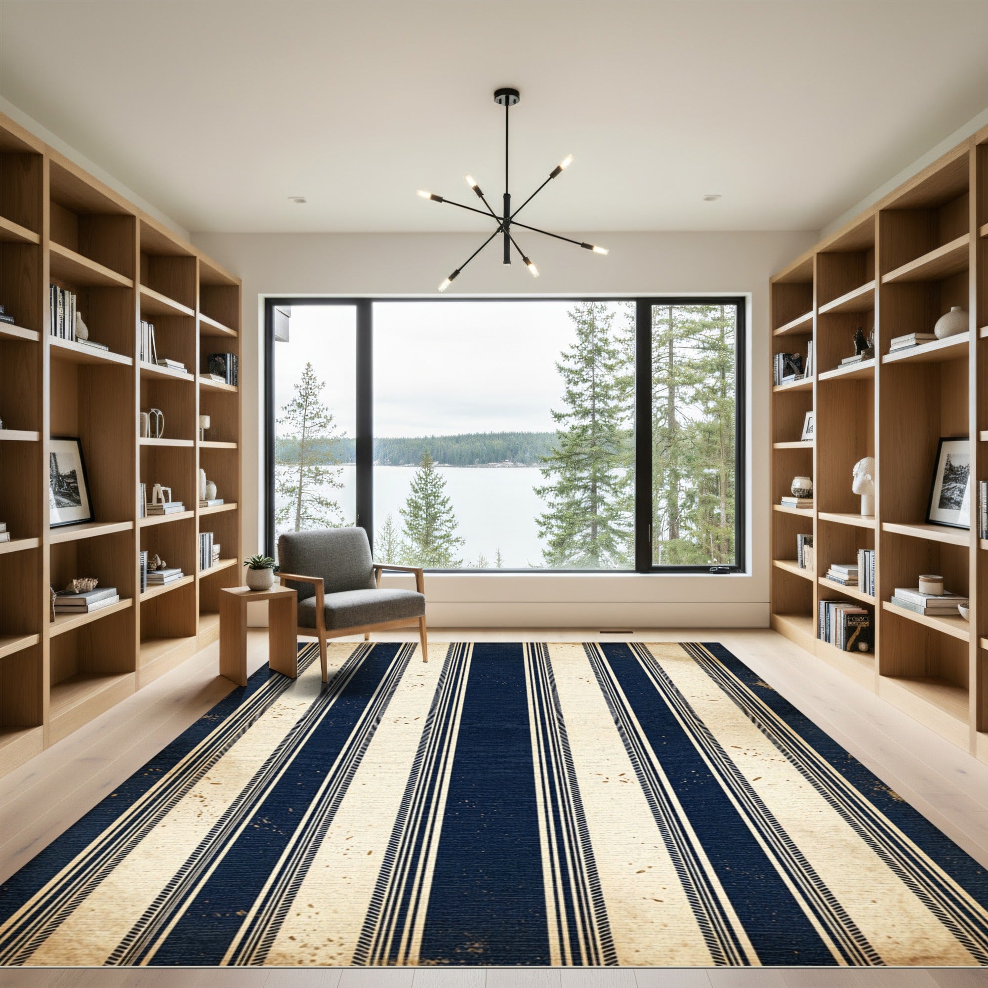 Vintage Navy and Cream Pinstriped Rug