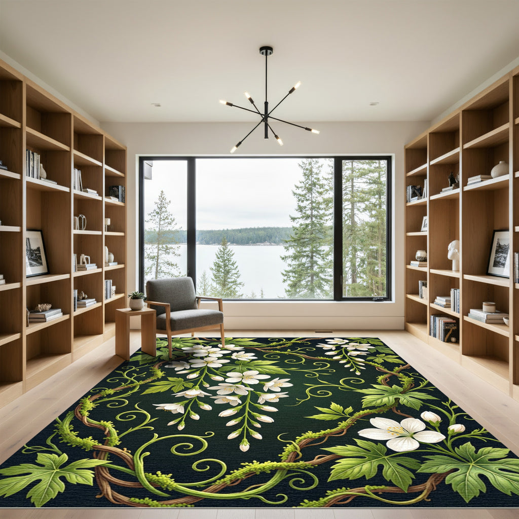 White Blossom Vine Botanical Art Rug
