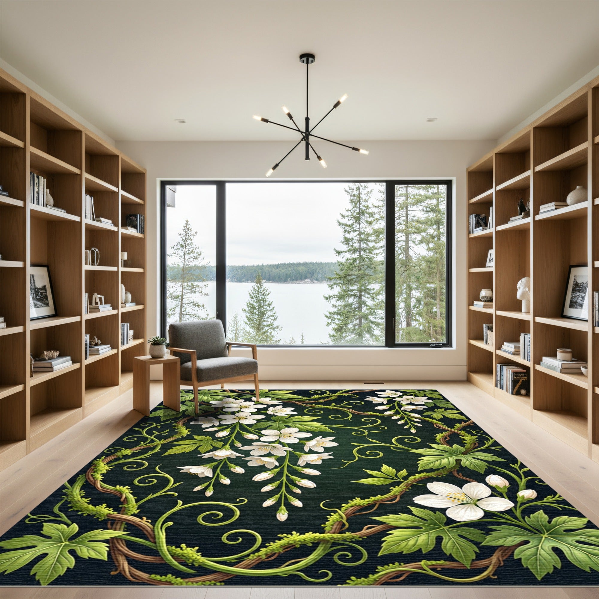 White Blossom Vine Botanical Art Rug