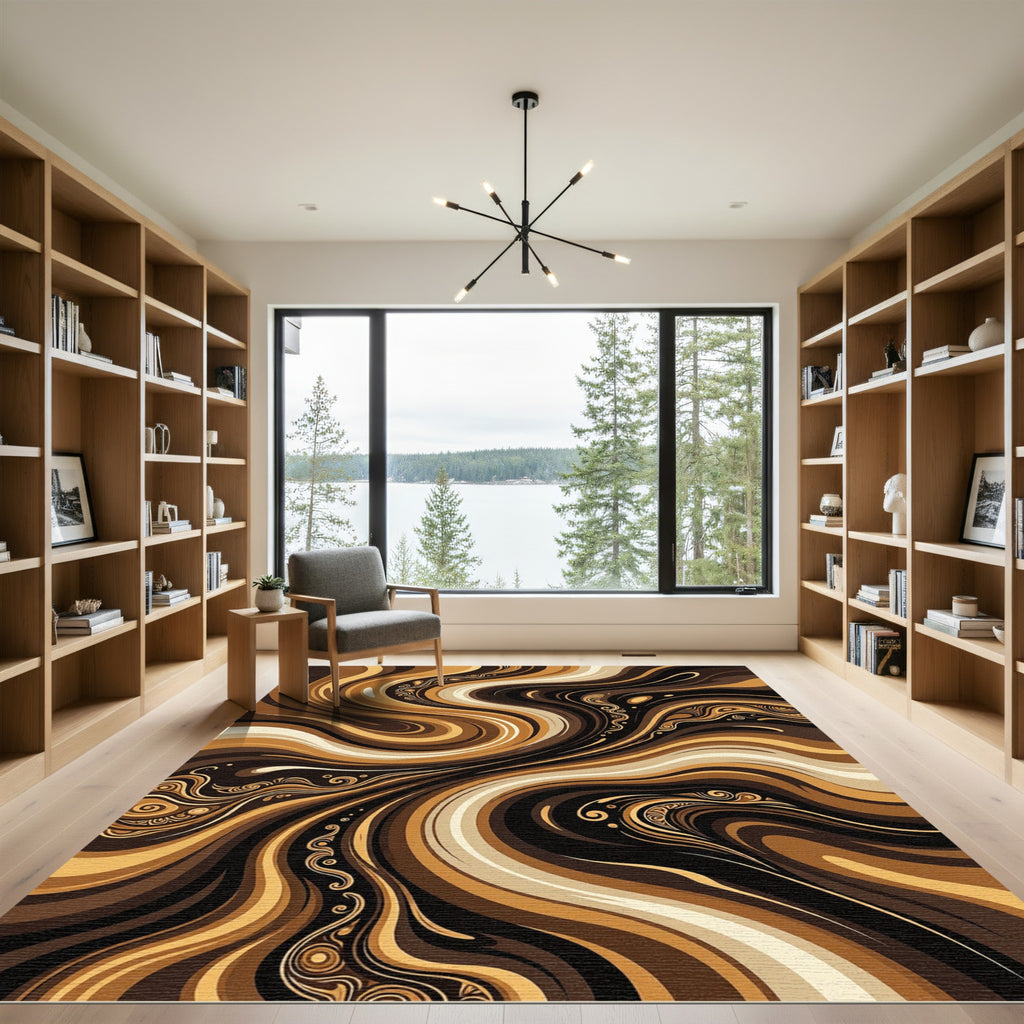Rich Chocolate Swirl Abstract Wave Rug