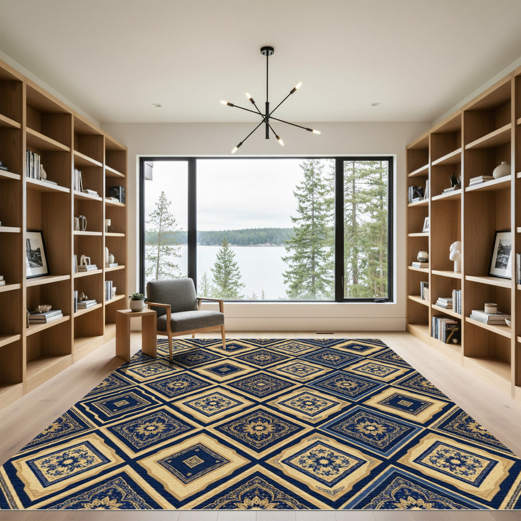 Navy Blue Gold Geometric Diamond Tile Rug