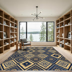 Navy Blue Gold Geometric Diamond Tile Rug