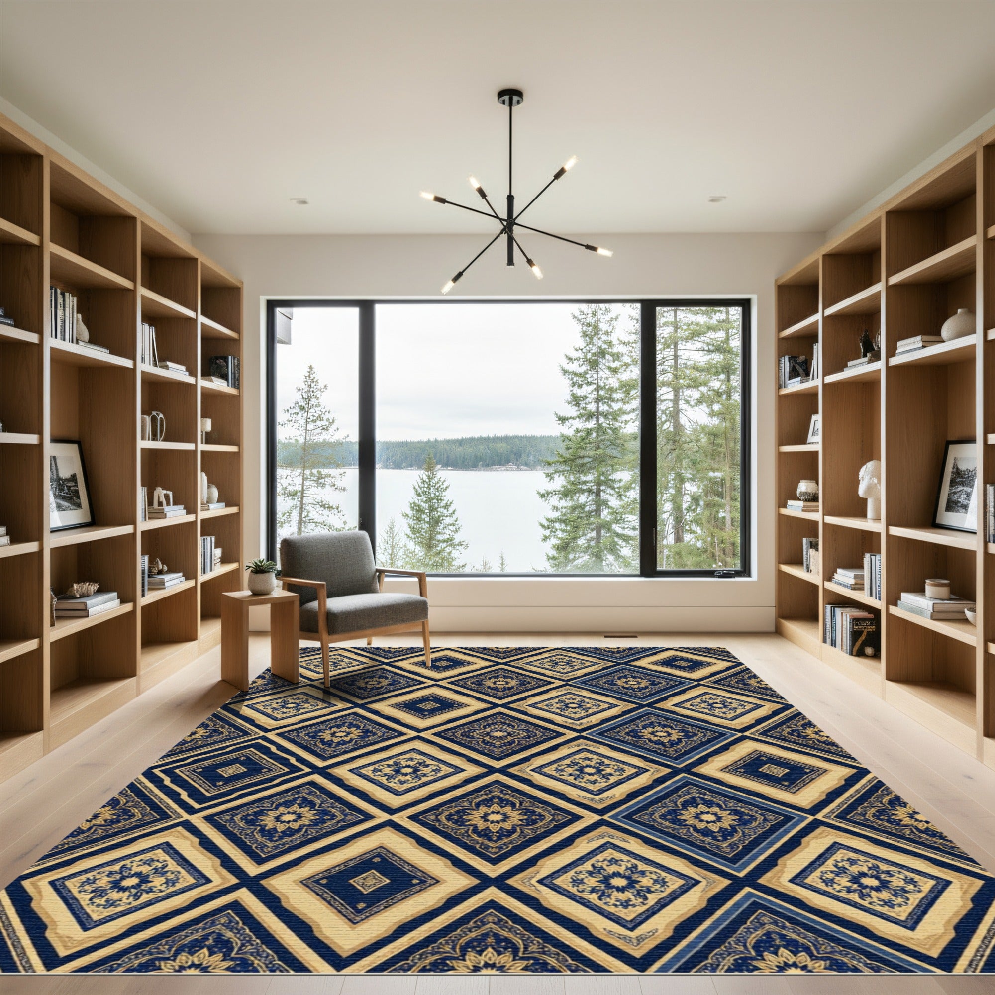 Navy Blue Gold Geometric Diamond Tile Rug