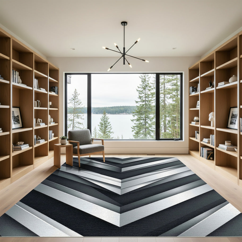 Modern Metallic Silver Angular Chevron Rug