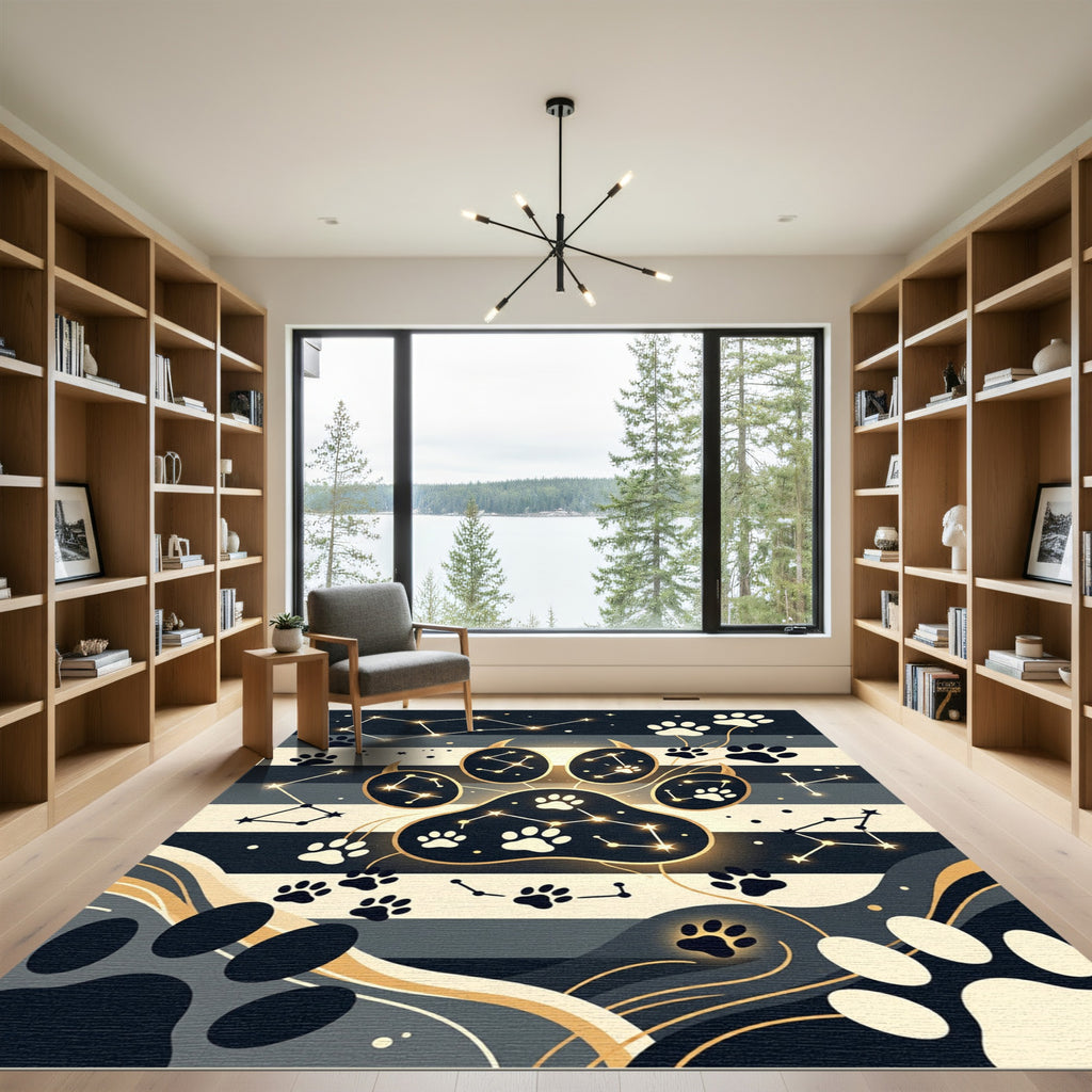 Celestial Paw Print Navy Striped Art Rug