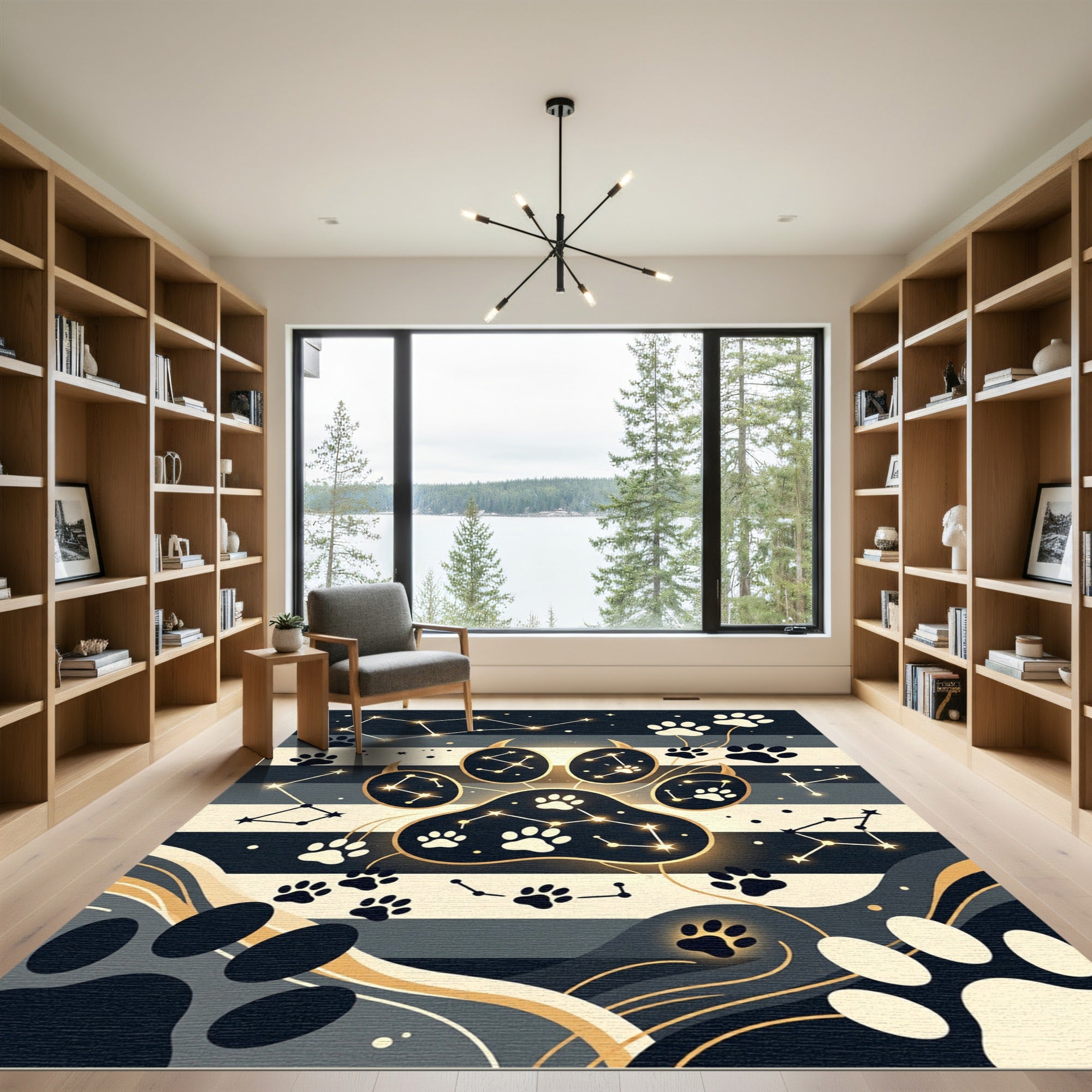 Celestial Paw Print Navy Striped Art Rug