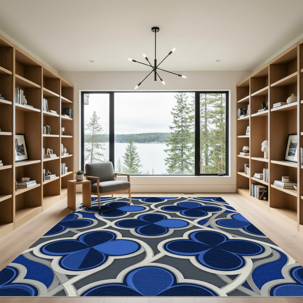 Modern Dark Blue Quatrefoil Geometric Link Rug