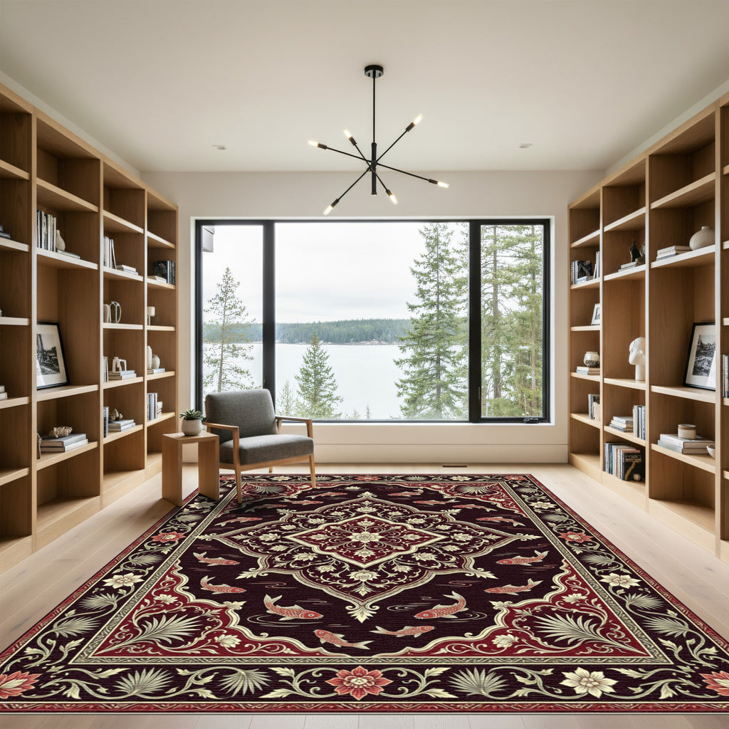 Rich Crimson Koi Water Garden Rug