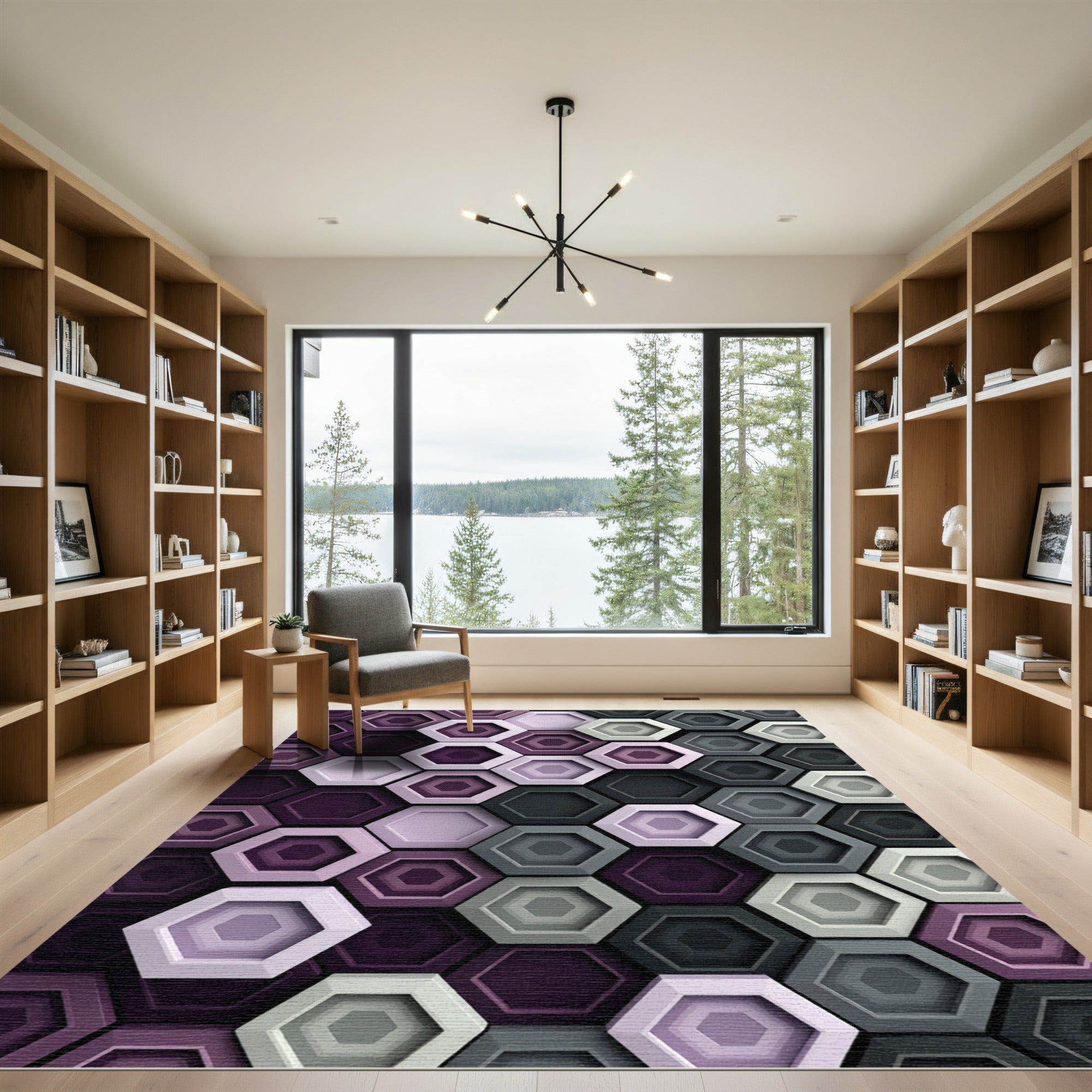 Modern Purple and Gray Hexagon Geometry Rug