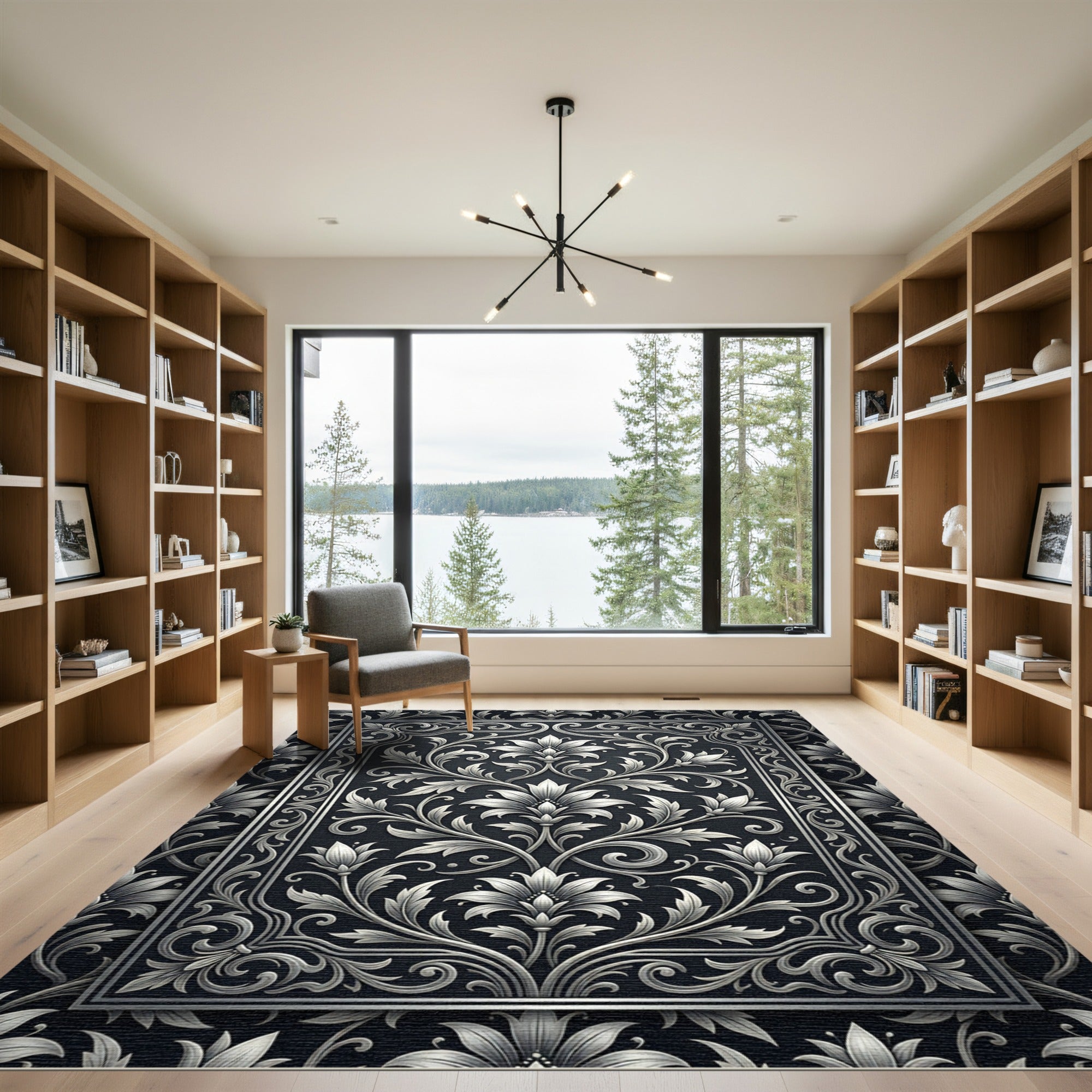 Elegant Silver Floral Scroll Damask Rug
