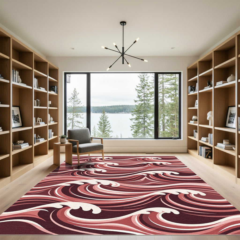 Deep Red Swirling Ocean Waves Rug