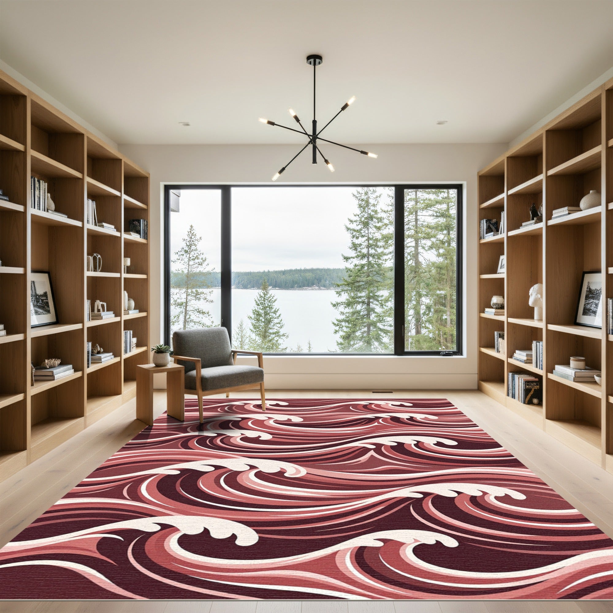 Deep Red Swirling Ocean Waves Rug