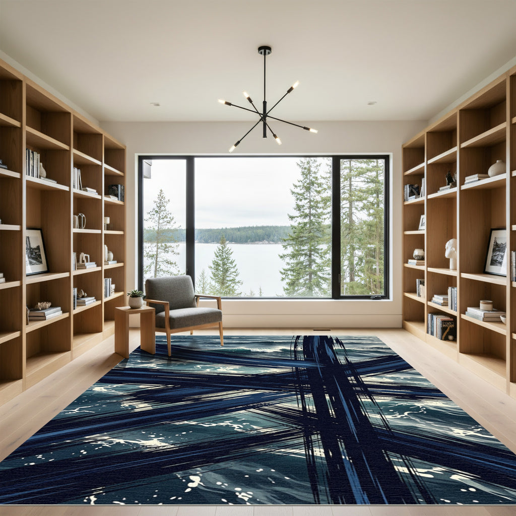 Dark Navy Abstract Intersecting Ocean Stripes Rug