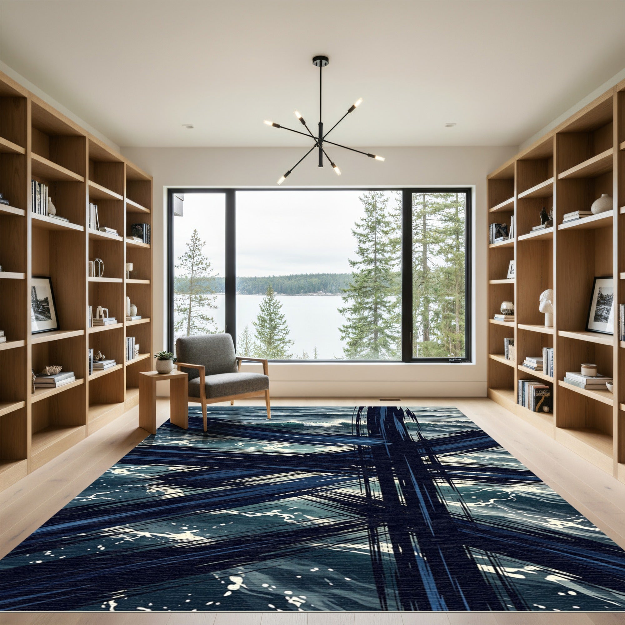 Dark Navy Abstract Intersecting Ocean Stripes Rug