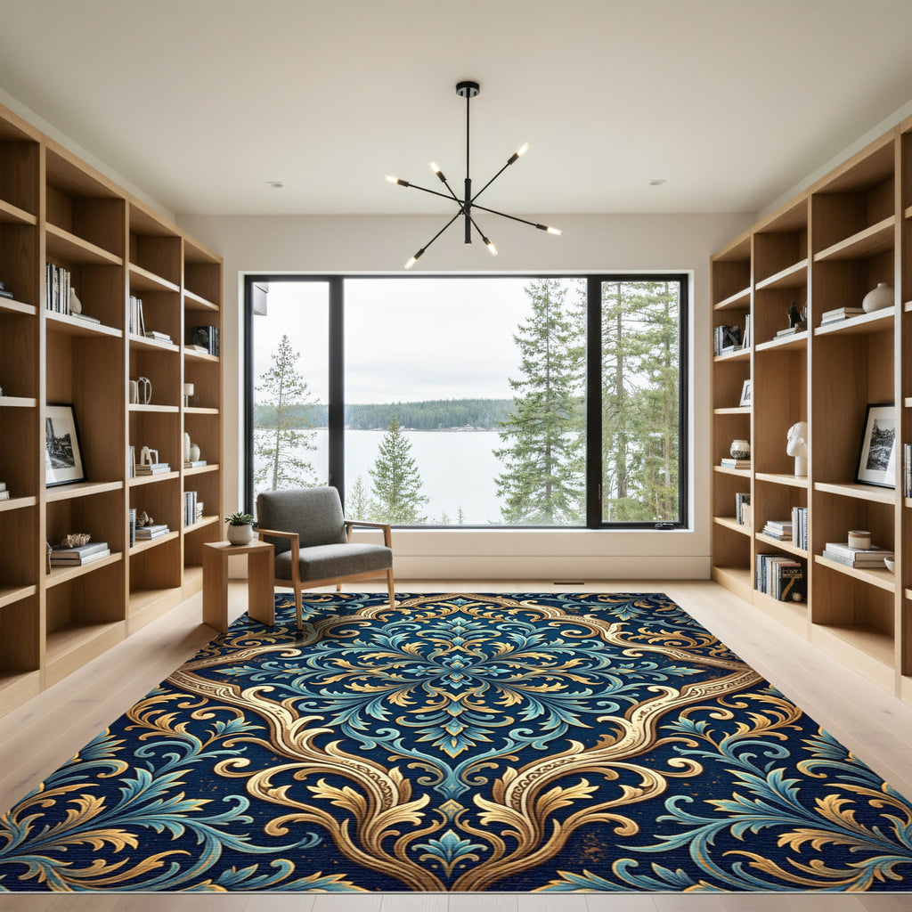 Ornate Blue Gold Damask Scroll Rug