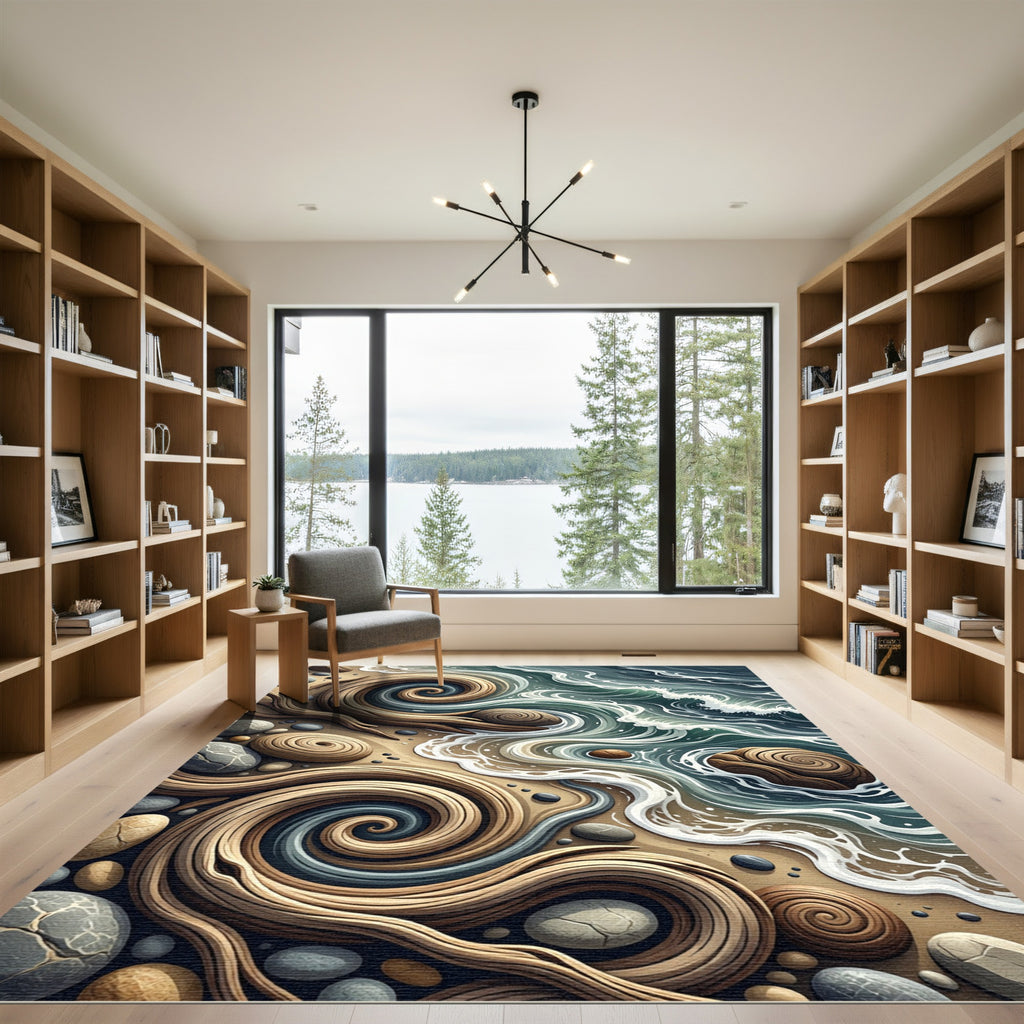 Coastal Swirl Wood Stone Ocean Rug