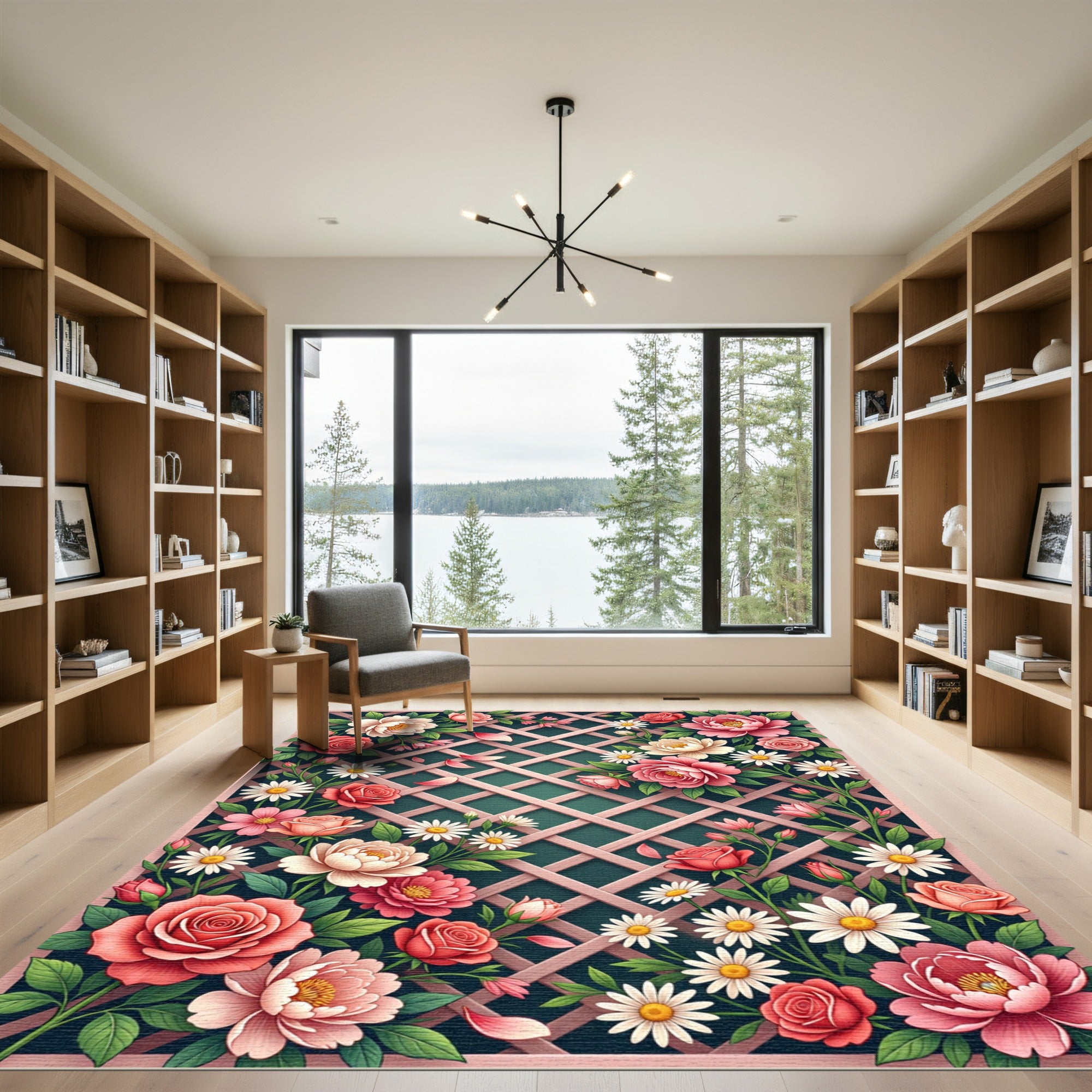 Pink Roses Daisy Lattice Floral Rug