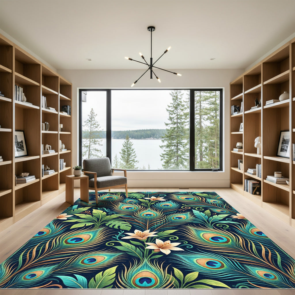 Elegant Peacock Feather Botanical Floral Rug