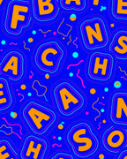 Bright Orange Alphabet Circles on Blue Rug