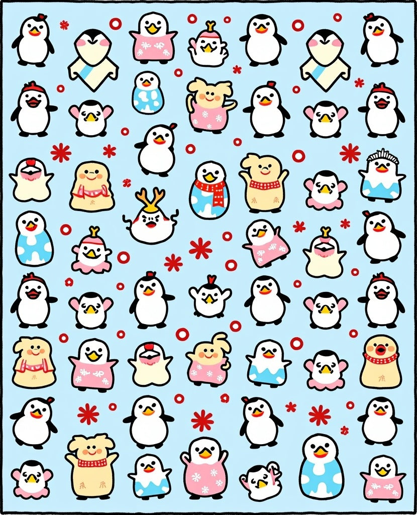 Cute Penguin Characters Light Blue Background Rug