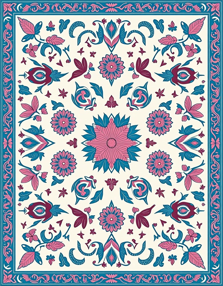 Vintage Pink Teal Floral Garden Rug