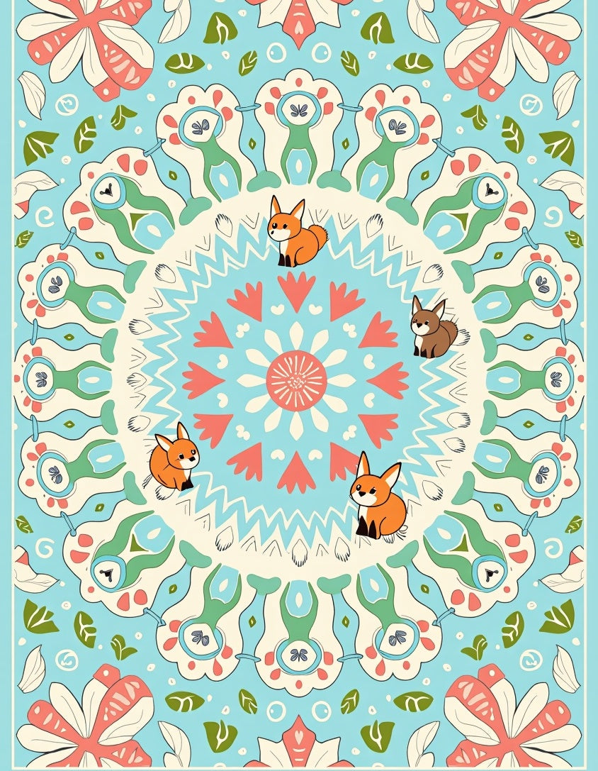 Whimsical Fox Mandala Coral Blue Rug