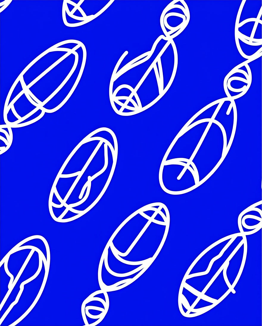 Bright Blue Whimsical Linear Figures Rug