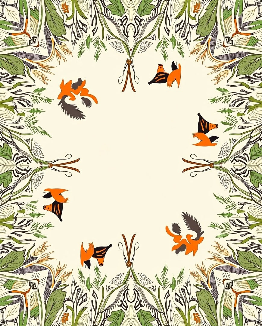 Whimsical Orange Bird Foliage Frame Rug
